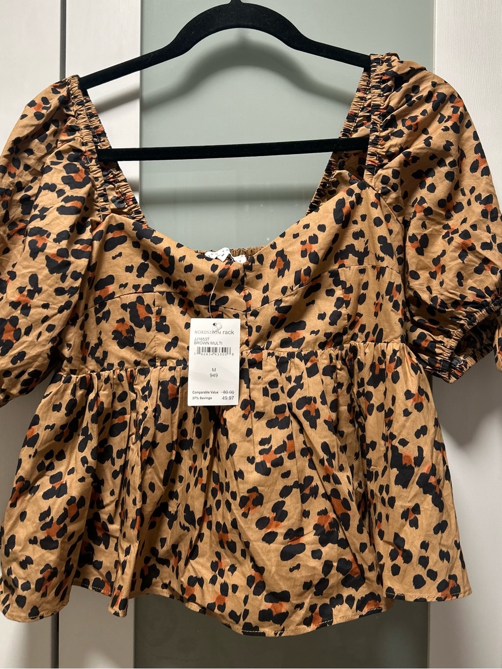 NWT English Factory Brown Multi Leopard Print Puff Sleeve Cropped Blouse Size M